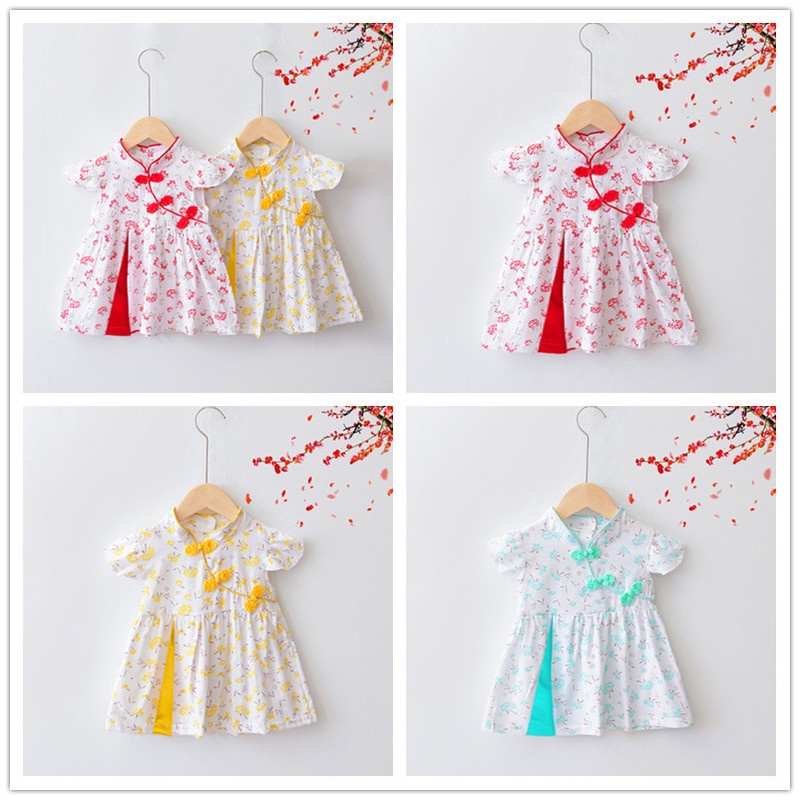 Đầm Công Chúa Vải Cotton Mỏng In Hoa Kiểu Trung Hoa Dễ Thương Thời Trang Mùa Hè Cho Bé Gái