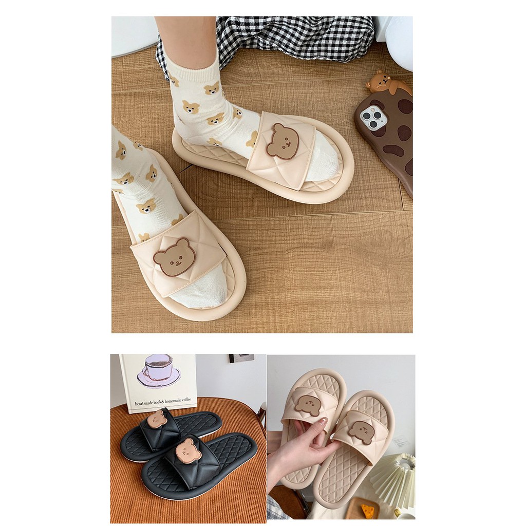 Dép lê nữ, dép lê vân nổi thời trang nùa hè, dép icon gấu đáng yêu đế mềm