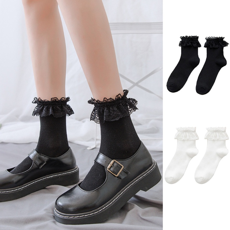 Tất cotton phối ren lưới phong cách lolita nhật bản dễ thương cho nữ