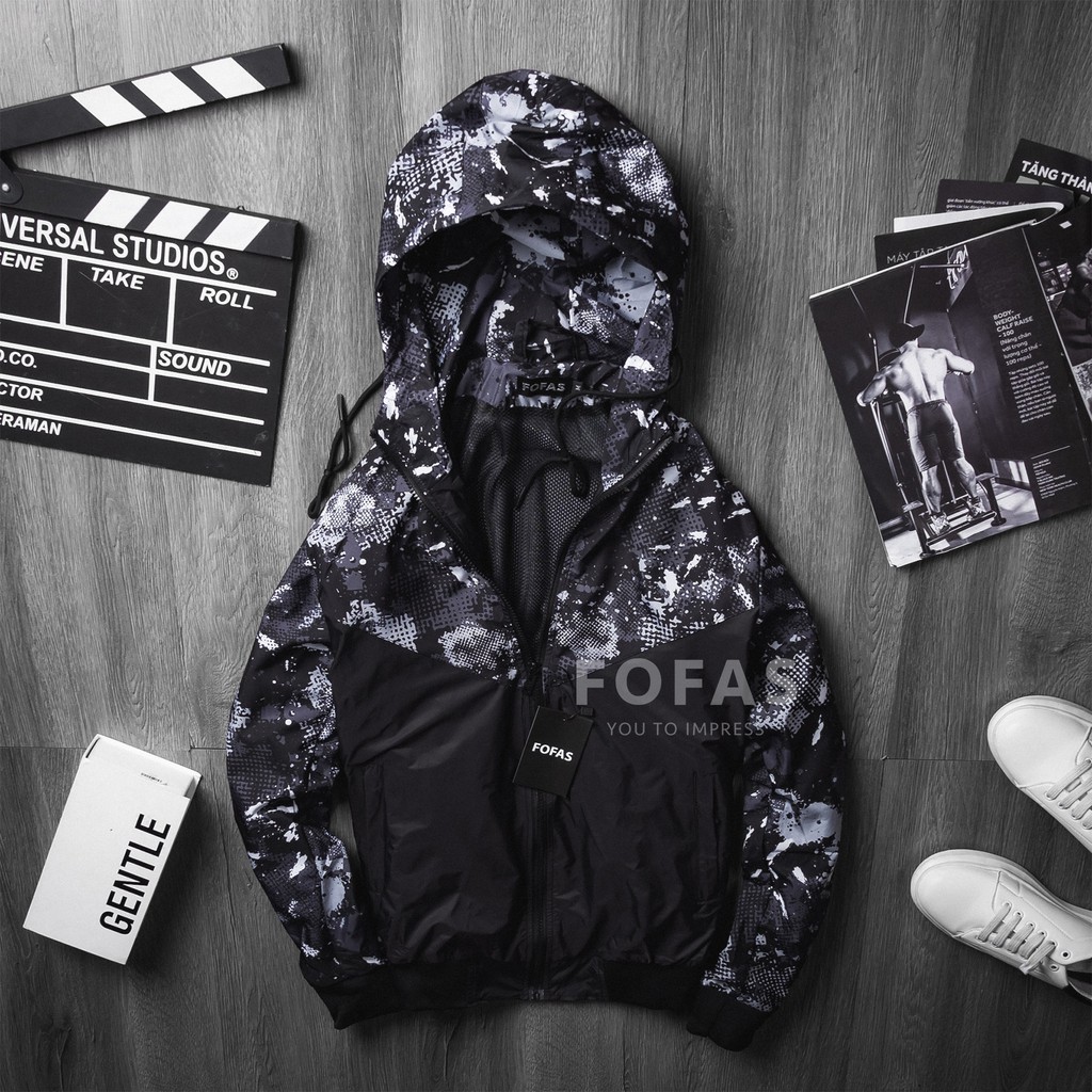 Áo khoác dù hoạ tiết FOFAS có nón, nam nữ cặp đôi mặc được, kiểu dáng thể thao 2 lớp