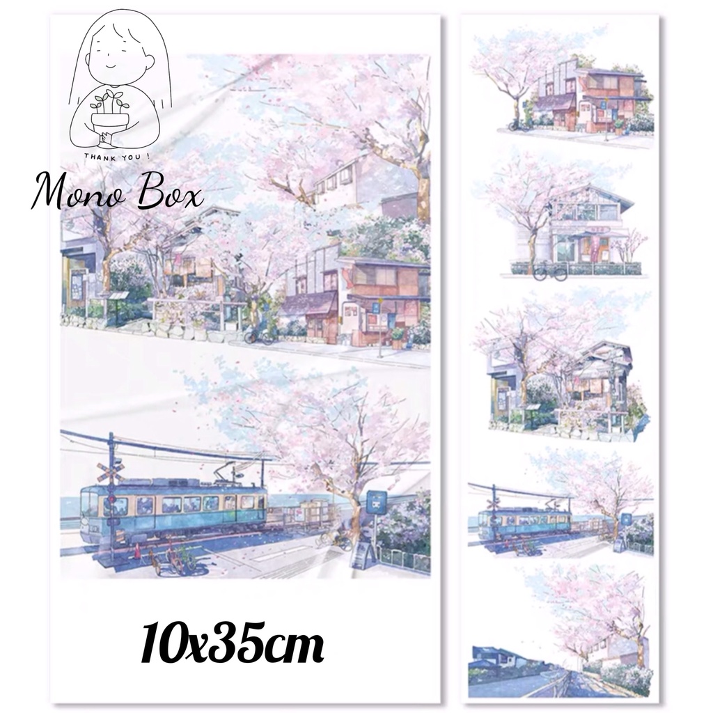 [Chiết] Washi tape 10x35cm chủ đề ga tàu hoa anh đào, băng dán trang trí làm tranh washi Mono_box