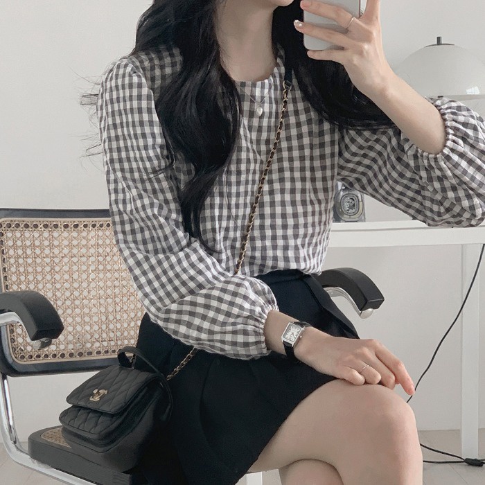 Linki ✈ Áo Sơ Mi Caro Tay Dài Kiểu Dáng Đơn Giản Cho Nữ