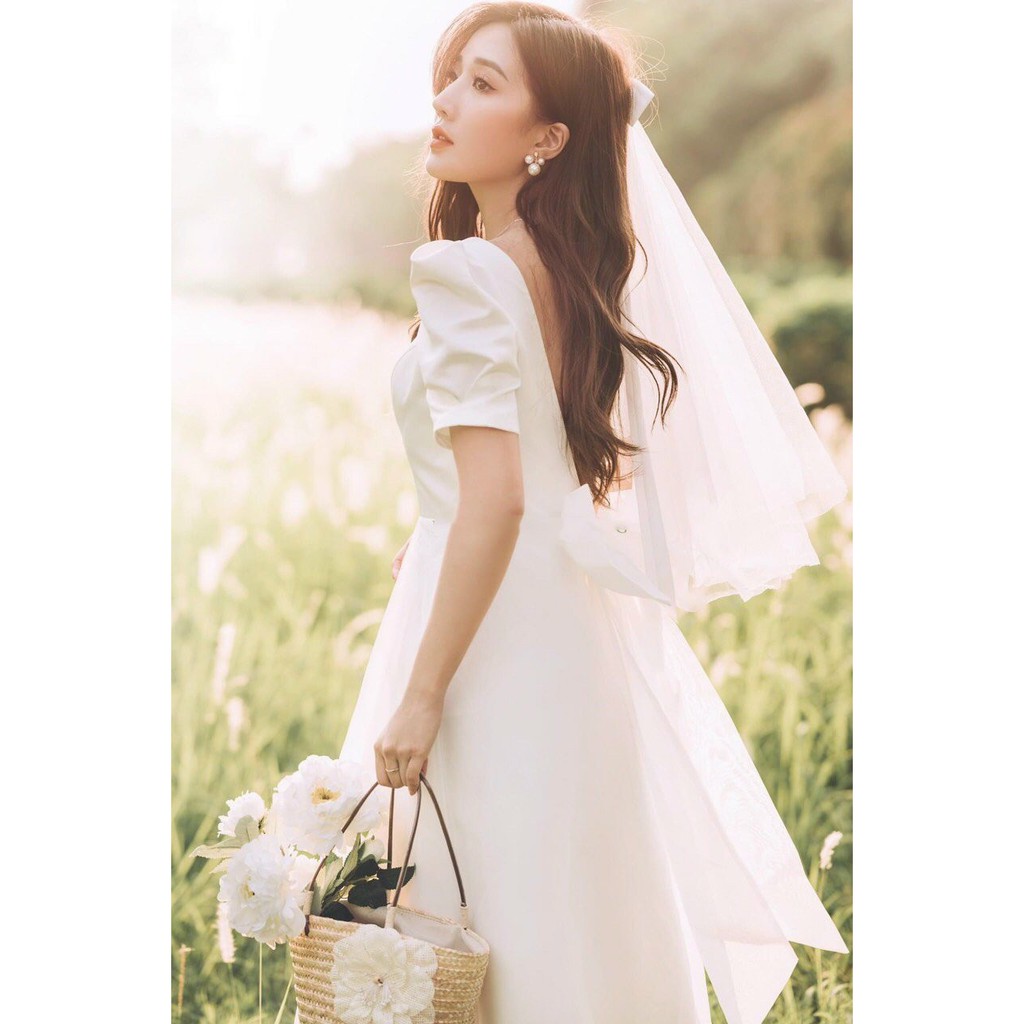 Đầm chụp kỉ yếu nơ dự tiệc tay bồng xòe rộng hở lưng (Kèm ảnh thật) | BigBuy360 - bigbuy360.vn