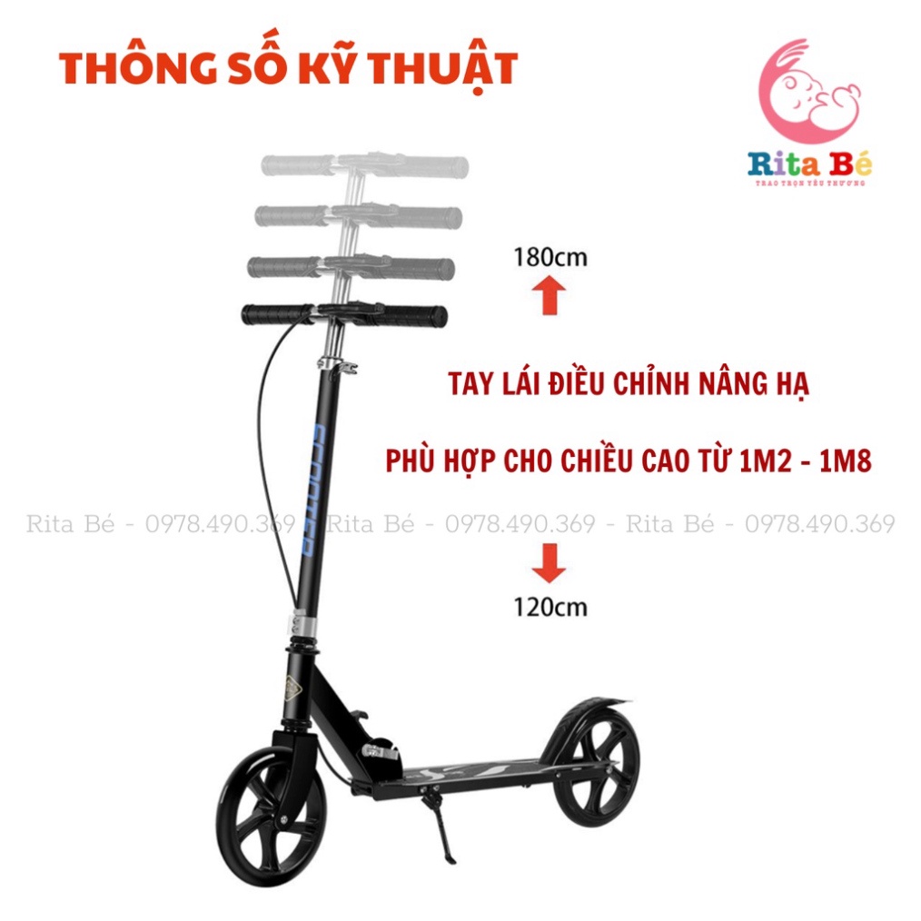Xe scooter cỡ lớn, có phanh tay,chân chống chịu tải đến 150kg cho thiếu niên và người lớn