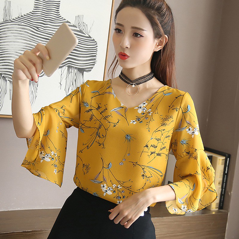 [Baywellfashion]Áo họa tiết hoa cổ V tay loa chất liệu chiffon thanh lịch cho nữ