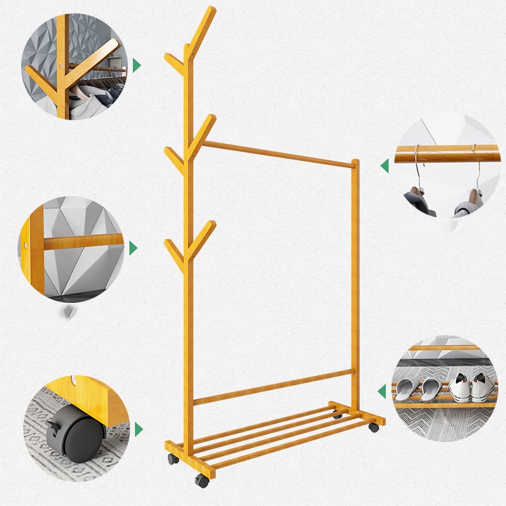 Cây giàn treo quần áo gỗ có bánh 60cm