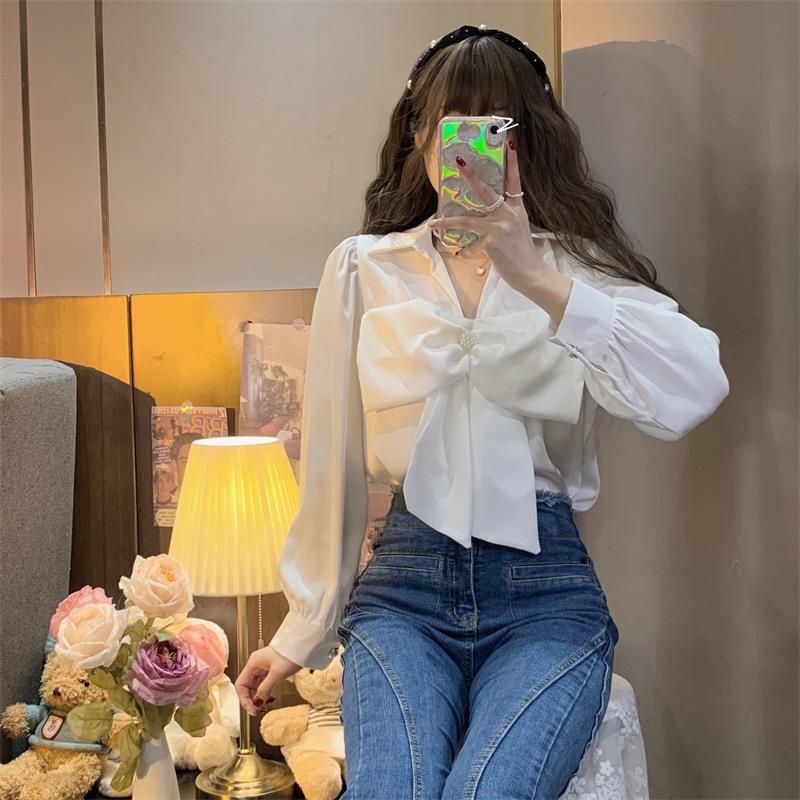 Áo Sơ Mi Tay Dài Cổ Chữ V Thắt Nơ Phong Cách Pháp Thời Trang 2022 Cho Nữ