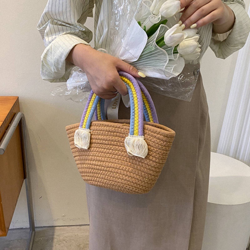 Túi Xách cotton Đan Lát Màu Cầu Vồng Dễ Thương Cho Nữ