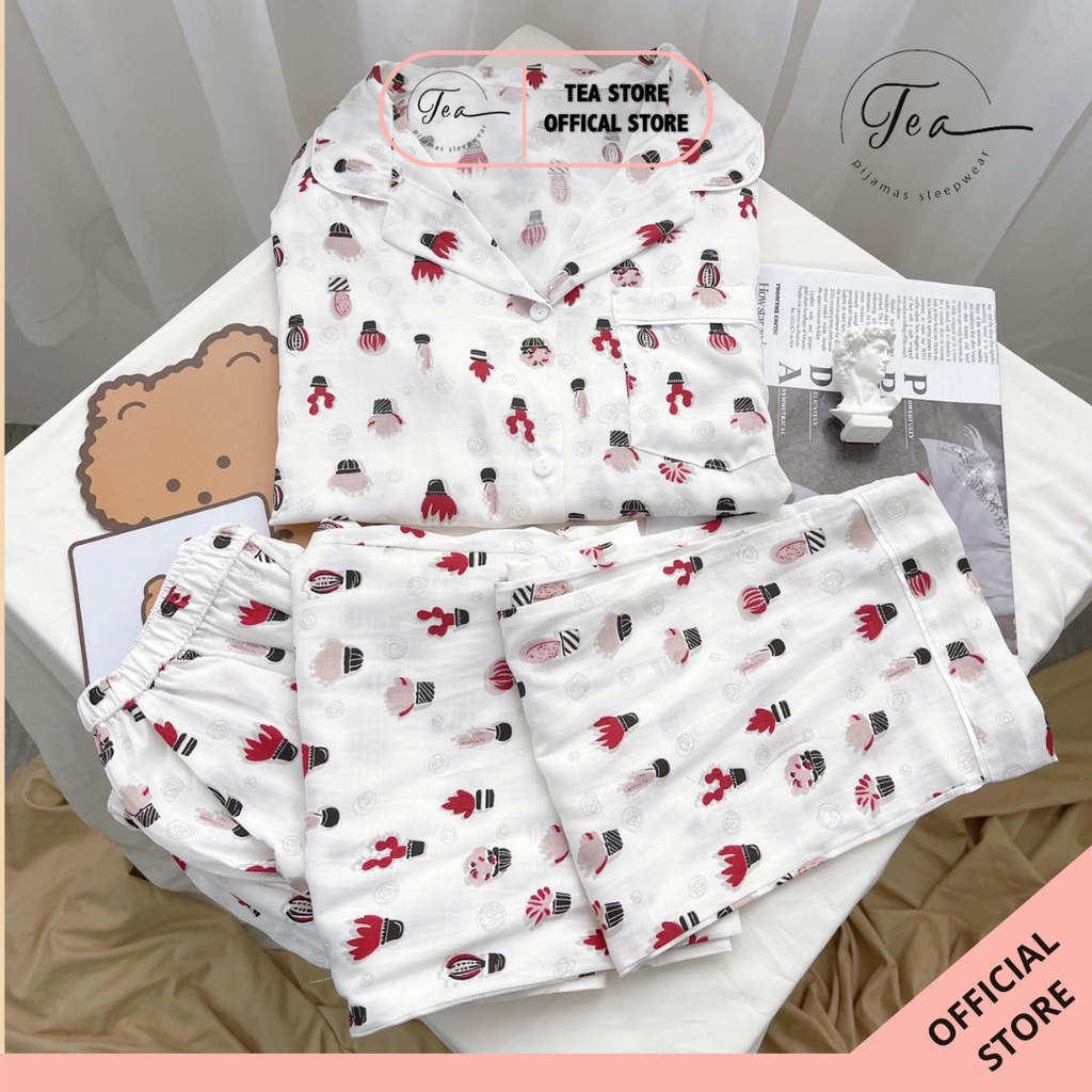 Bộ mặc nhà Pyjama đũi nhăn Hàn tay cộc quần dài Tea Store mát nhẹ họa tiết dễ thương