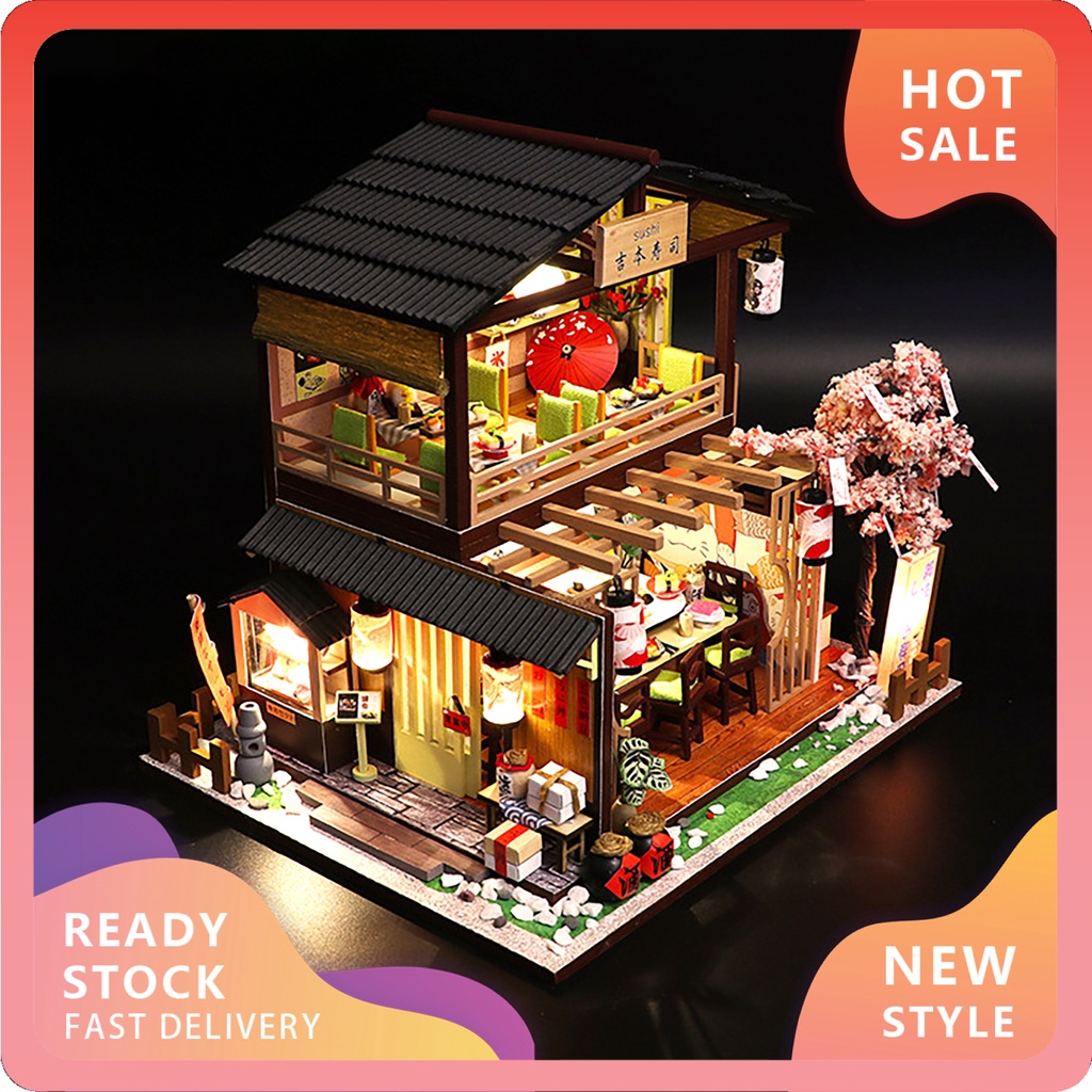 1 Bộ Mô Hình Nhà Hàng Sushi DIY Bằng Gỗ Kèm Bóng Đèn LED Phong Cách Nhật Bản Cho Trẻ Em