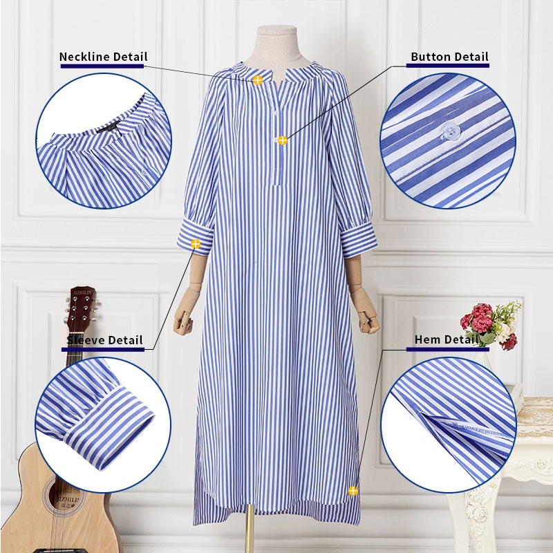 Đầm dài Zanzea tay 3/4 cổ tròn xẻ tà kẻ sọc thời trang dành cho nữ