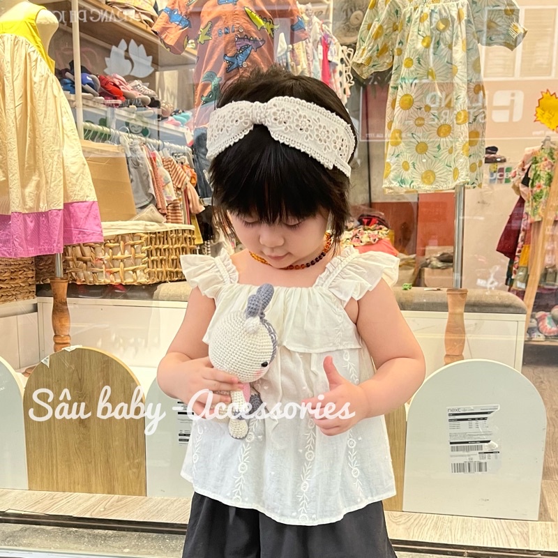 Bờm xước tóc turban vải ren hoa màu kem Hàn Quốc cho bé