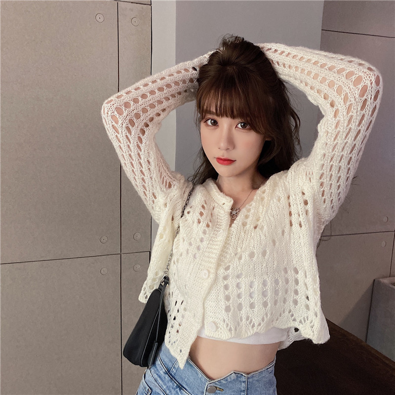 Hollow knit sweater women thin slim slimming cardigan tops age reduction all-match sun protection shirt