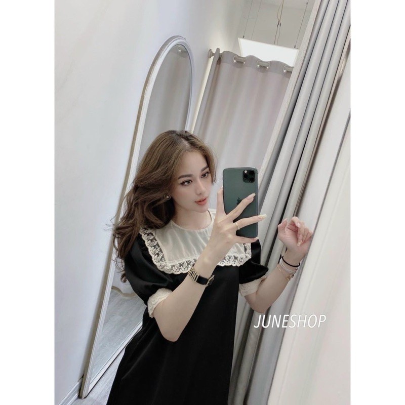 VN62 - VÁY SUÔNG ĐEN ĐUÔI CÁ PHỐI CỔ BÈO TRẮNG NỮ | BigBuy360 - bigbuy360.vn