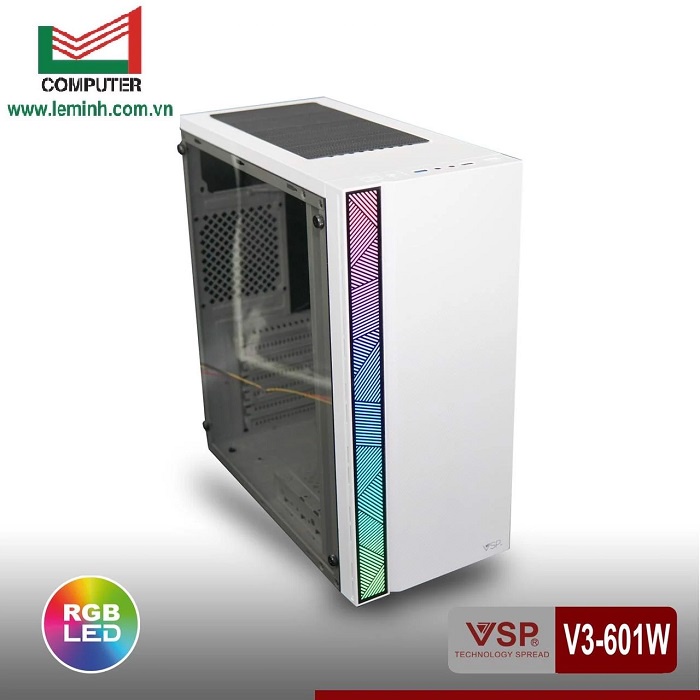 Vỏ case PC thùng máy tính chính hãng Case VSP V3-601W White Dãy LED RGB Hông trong suốt