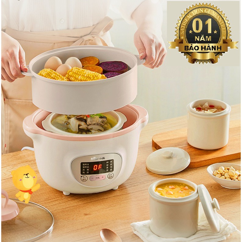 Nồi ninh hầm nấu cháo cách thủy Bear 1,6 lít kèm thố sứ cho bé( Tặng phích cắm chuyển đổi)
