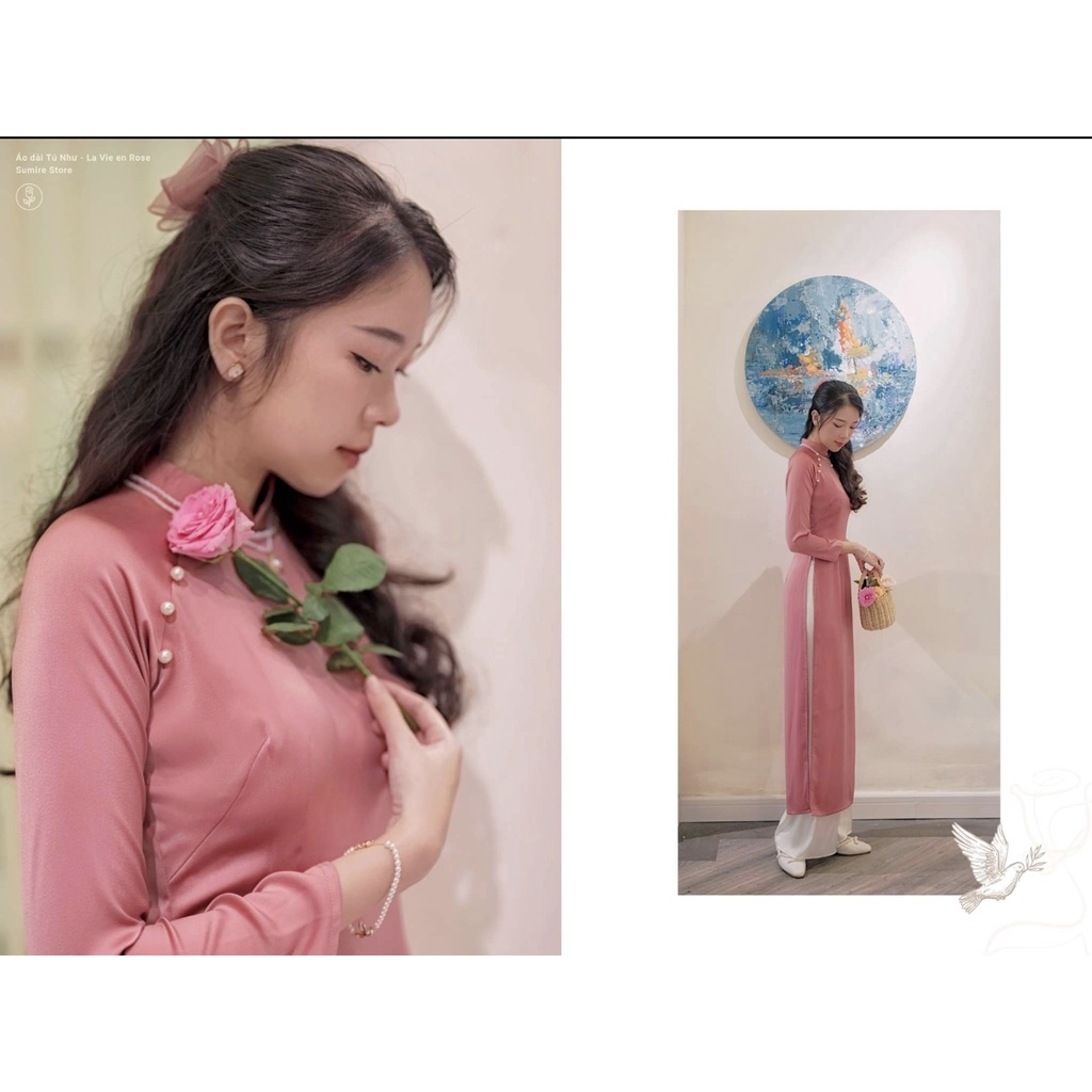 Áo Dài " Tú Thanh ",  Áo Dài Truyền Thống Chất Lụa Ngọc Trai  2 Tà  Đính Cúc Trai Cao Cấp