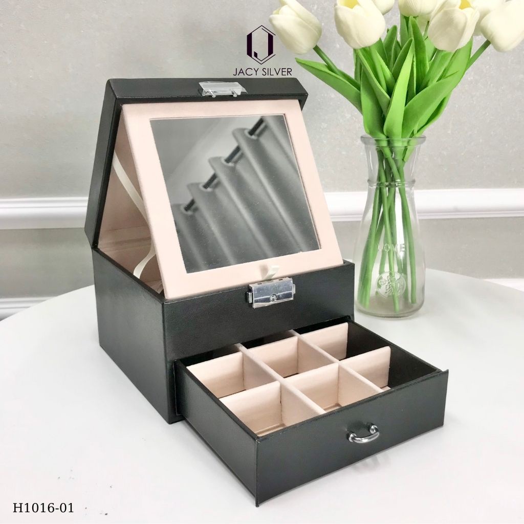 Hộp da đựng trang sức, dây chuyền, nhẫn, khuyên tai 2 tầng kèm gương H1016