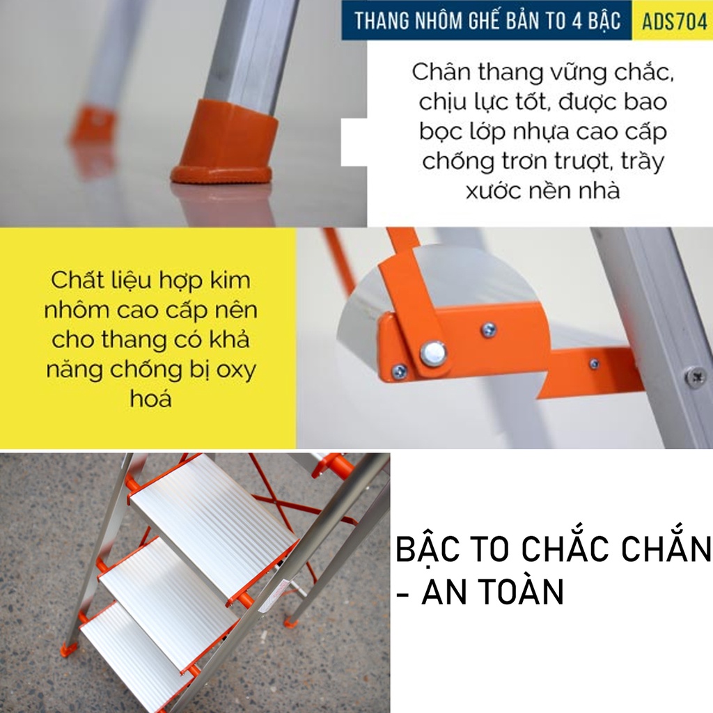 Thang nhôm ghế 4 bậc gấp gọn nhập khẩu ADVINDEQ ADS-704 bản to có tay vịn- Bảo hành 2 năm