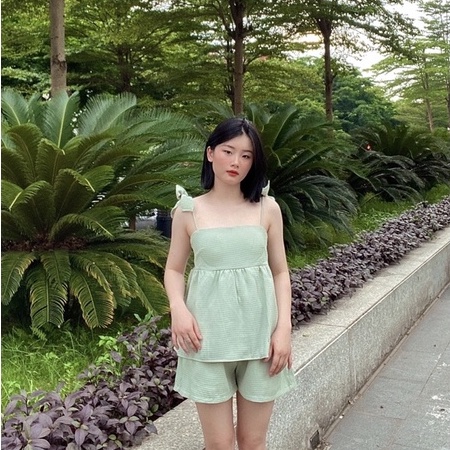 Set áo hai dây kèm nơ vai quần soóc dáng xoè thoáng mát đi chơi đi biển nhiều màu sắc