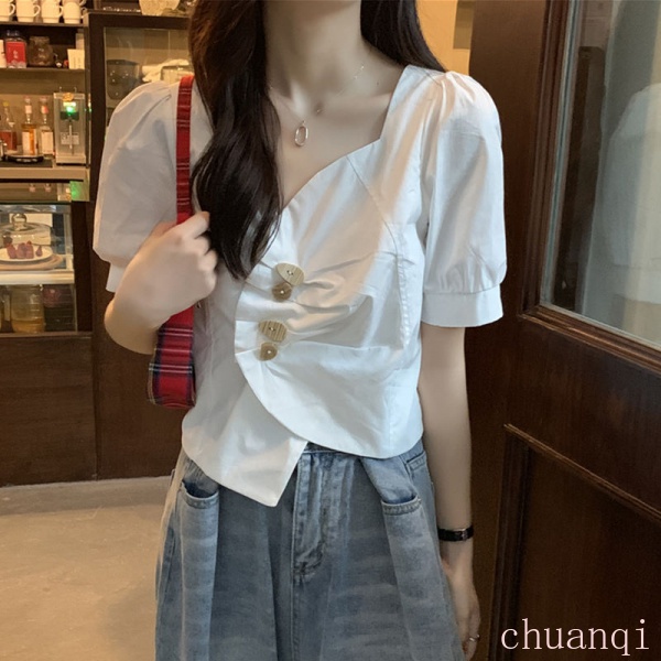 Áo kiểu tay phồng dáng ngắn xếp nếp thời trang xuân hè dành cho nữ