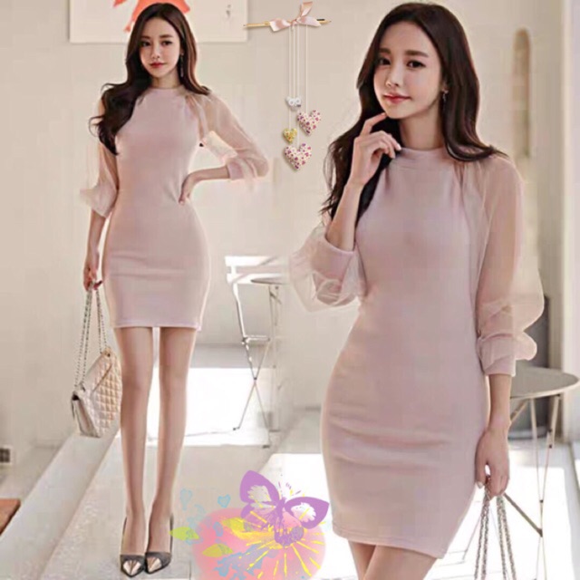 🍒Đầm body cổ tròn tay lưới MLXL2XL