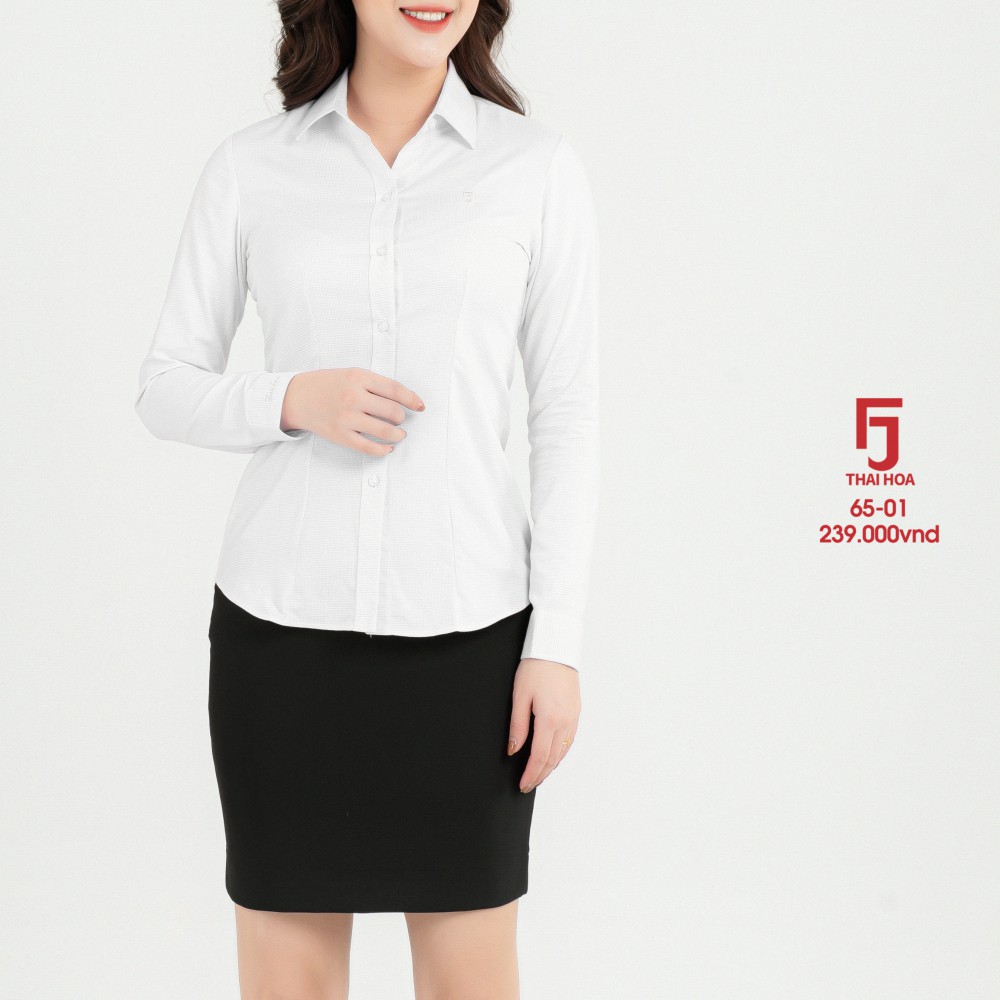 Áo sơ mi công sở nữ dài tay màu trắng đẹp kẻ caro vải cotton Thái Hòa 65-01