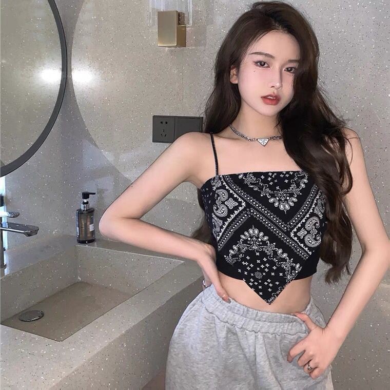 J & M ready stock women camisole pattern printing Ice Silk vest off shoulder sexy vest