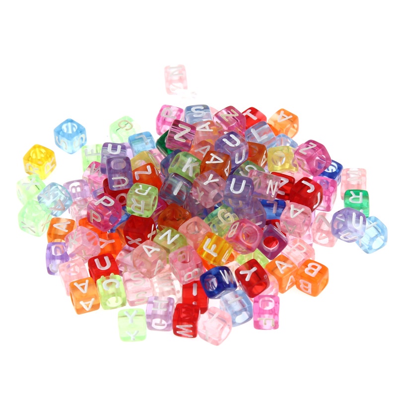 Hạt vuông acrylic trong suốt 6mm/7mm khắc chữ cái tiếng Anh dùng làm trang sức thủ công