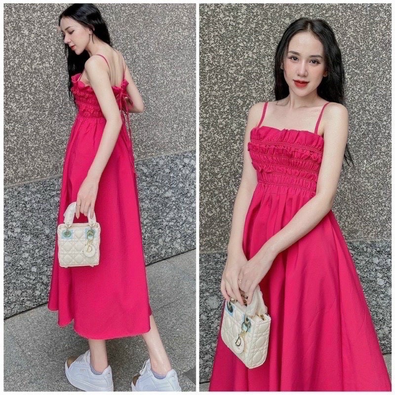 Váy Maxi 2 Dây Chun Ngực Bèo Nơ Sau Siêu Xinh Có Ảnh Thật Kèm Video