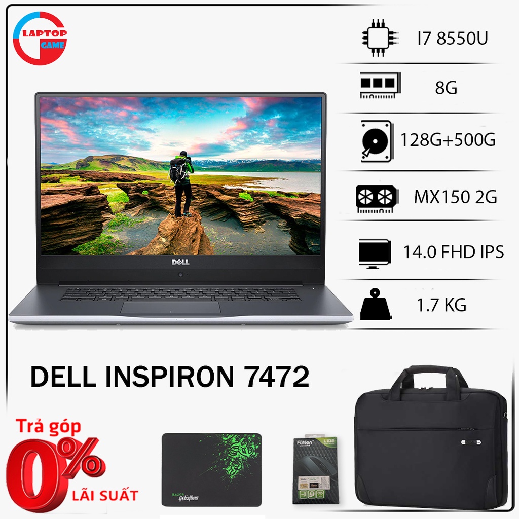 Laptop Dell Inspiron 7472 siêu vip vga rời (i5 8250, i7 8550 8G, 256G, MX150 2G, 14IN FHD) laptop chơi game, đồ họa