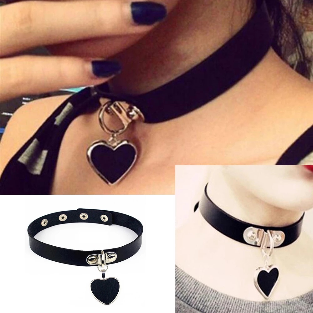 Vòng cổ choker vải da PU khảm đinh tán hình trái tim nhiều kiểu phong cách Harajuku punk cá tính