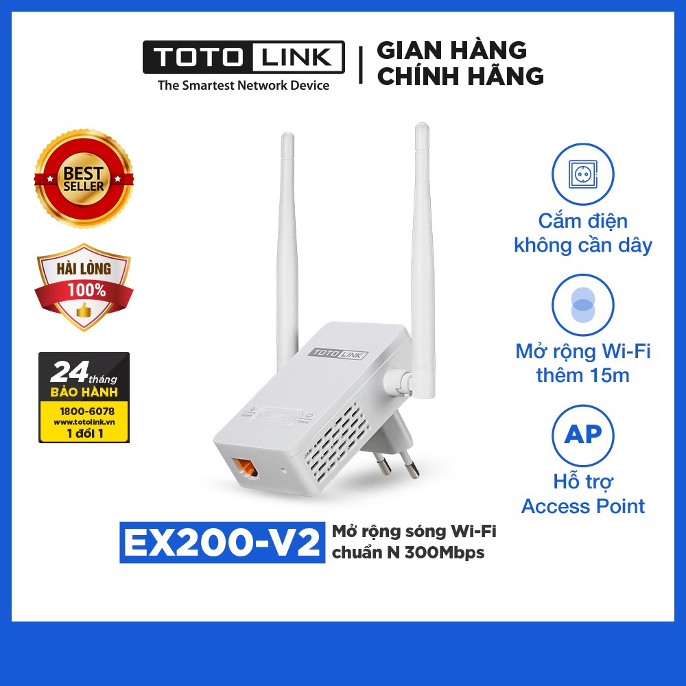 [Mã ELTO12 giảm đến 40K đơn 100K] REPEATER KÍCH SÓNG WIFI CHUẨN N 300MBPS TOTOLINK EX200-V2