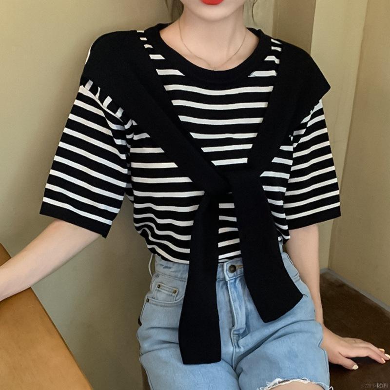 Áo Thun Nữ Tay Ngắn Kẻ Sọc Giả Hai Lớp