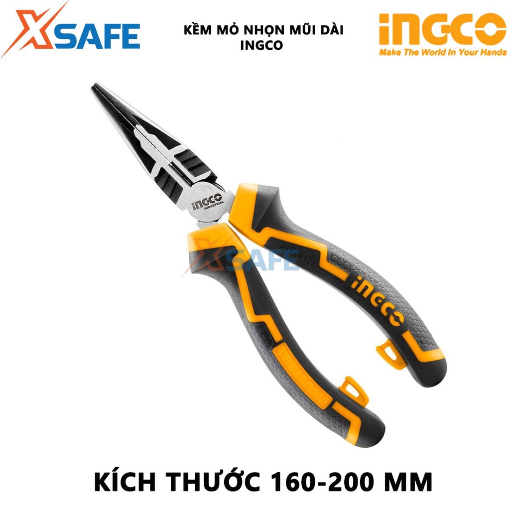 Kìm mũi nhọn mỏ dài INGCO Kìm công nghiệp chất liệu thép CR-V, đen bóng, tay cầm hai màu, tiết kiệm 30% sức - [XSAFE]