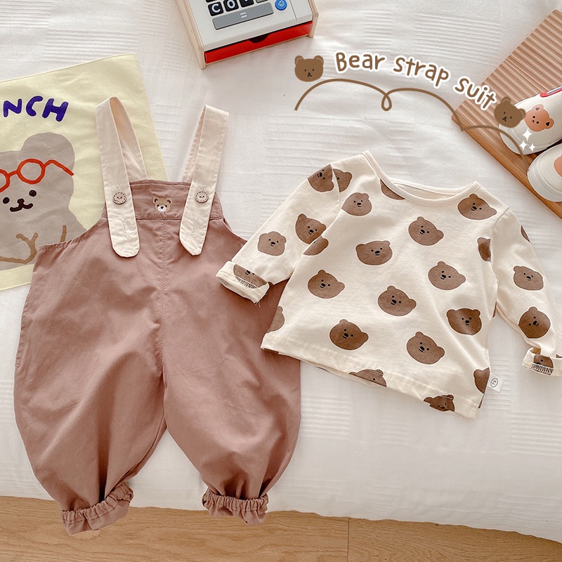 Bộ Áo Liền Quần Bằng Cotton Tay Dài In Họa Tiết Chú Gấu Dễ Thương Thời Trang Phong Cách Hàn Quốc Cho Bé Sơ Sinh