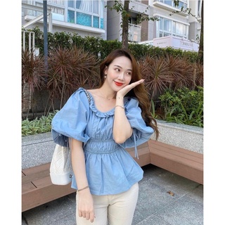 ÁO KIỂU TAY BỒNG CÓ DÂY RÚT BO EO [kèm ảnh thật]