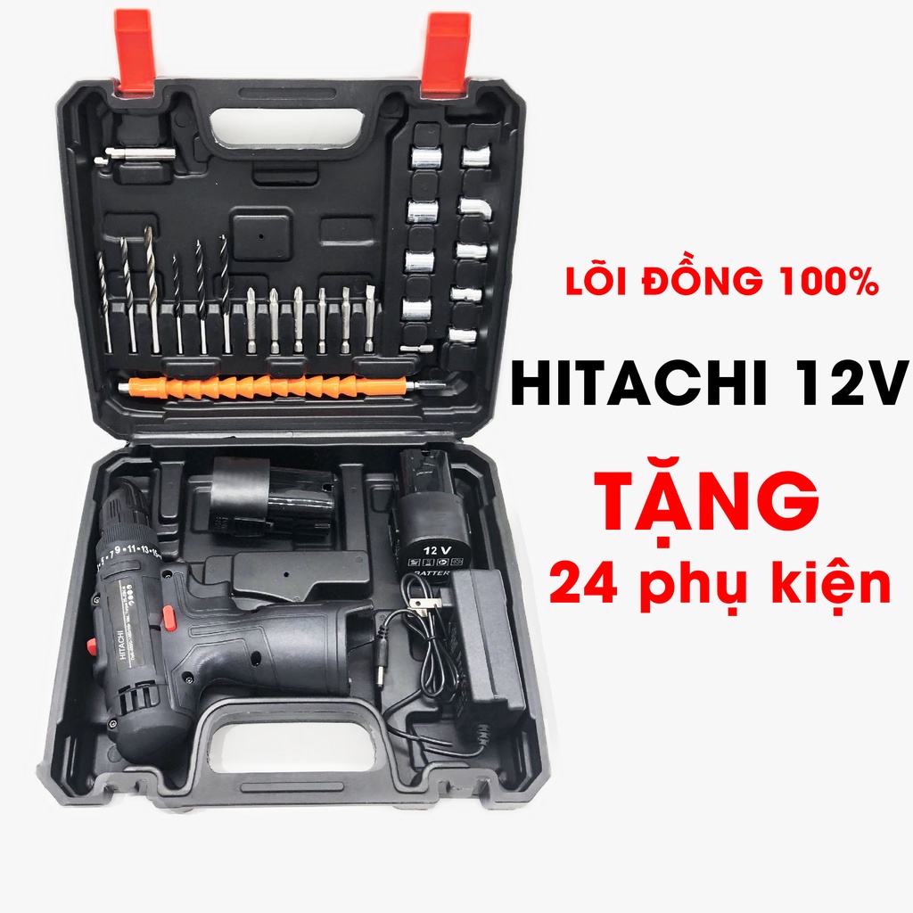 Máy khoan pin Hitachi 12V phụ kiện 24 chi tiết - máy bắt vít vặn vít - khoan đa năng kèm mũi khoan đảo chiều