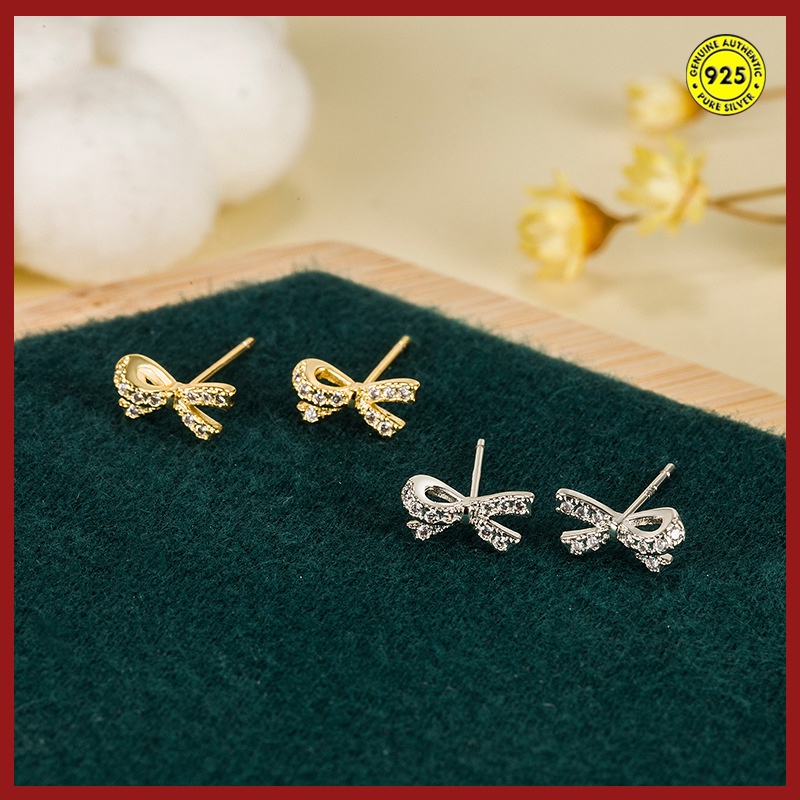 Bông Tai Mạ Bạc 925 Hình Nơ Đính Đá Xinh Xắn Cho Nữ