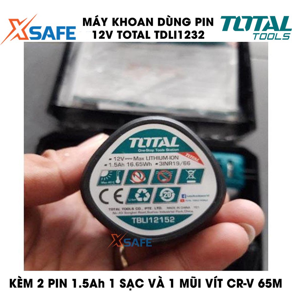 Máy khoan dùng pin 12V TOTAL TDLI12325 Tặng kèm 2 Pin 1.5Ah 1 Sạc và 1 mũi vít CR-V 65mm. Máy khoan cầm tay chính hãng