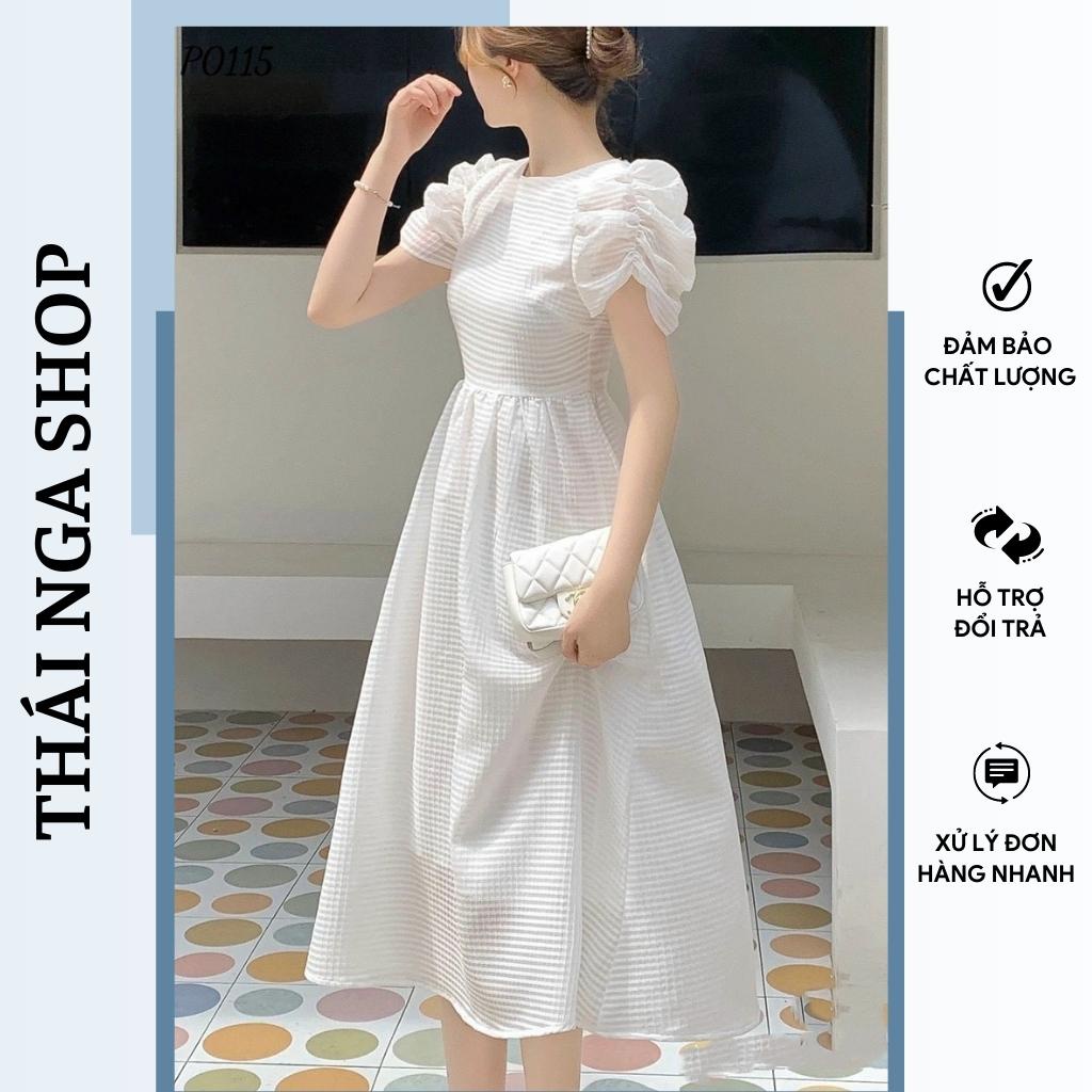 Váy tiểu thư dự tiệc tay phồng cổ tròn mặc dự tiệc Trắng Đen Xanh Bơ Thaingashop D0597