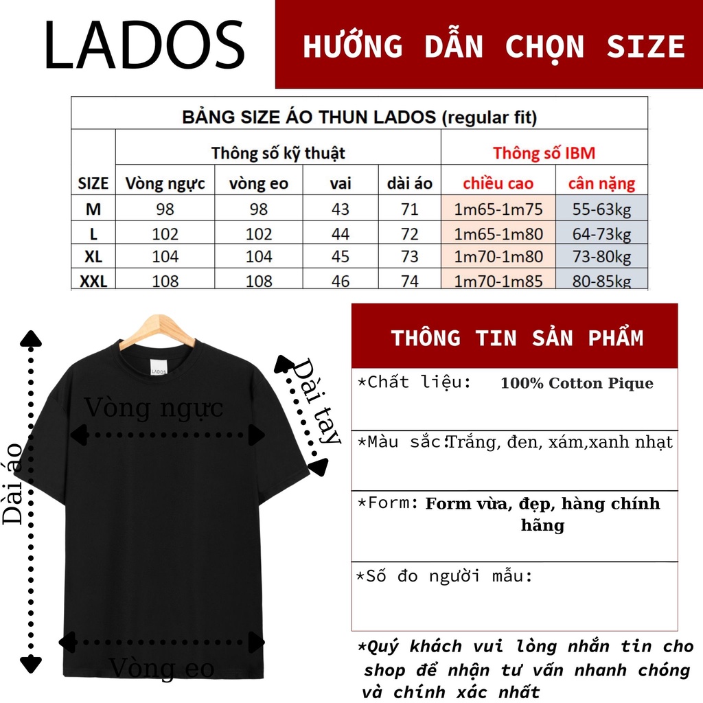 Áo thun cổ  tròn trơn nam nữ 100% Cotton Pique cao cấp LADOS - LADOS 9113 co giãn 4 chiều, thấm hút mồ hôi, thoải mái