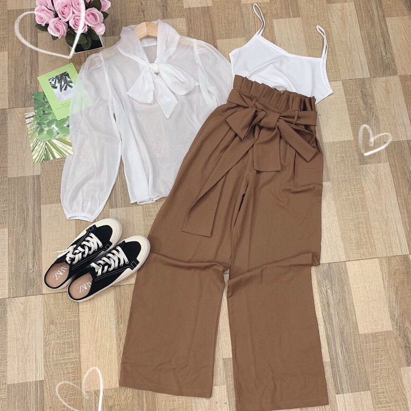 SET ÁO SƠ MI NƠ VOAN TRẮNG QUẦN CULOTTES NÂU TÂY