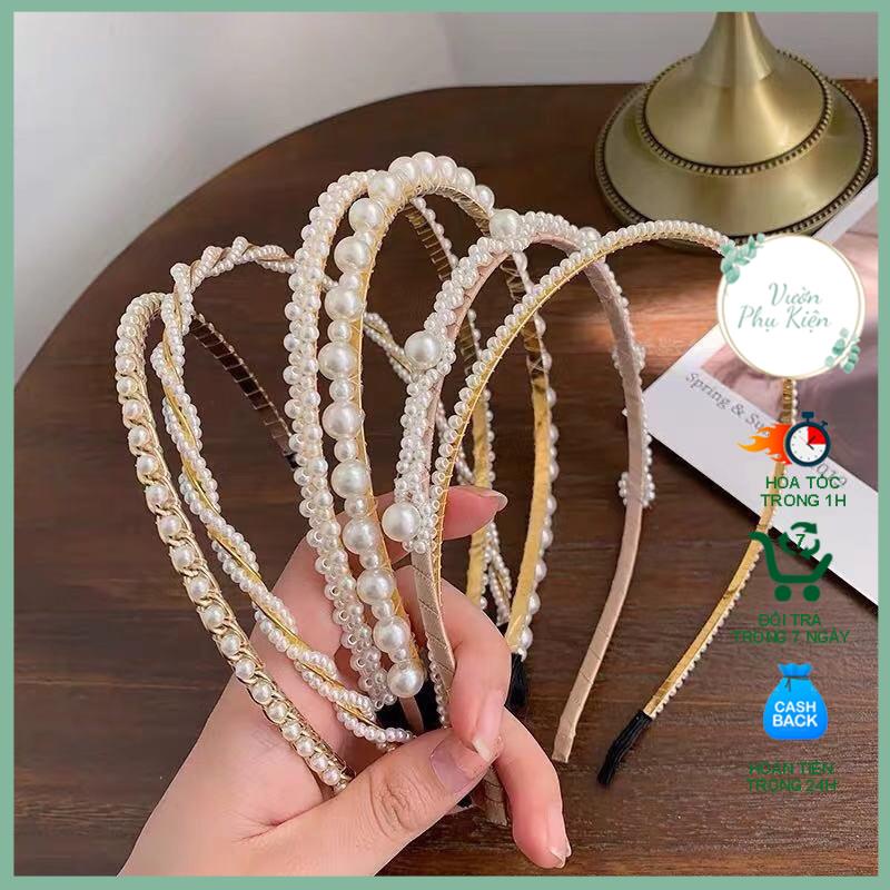 Bờm tóc kim loại đính hạt ngọc nhân tạo Băng đô tóc đính hạt cườm phong cách Hàn Quốc sang chảnh cho nữ