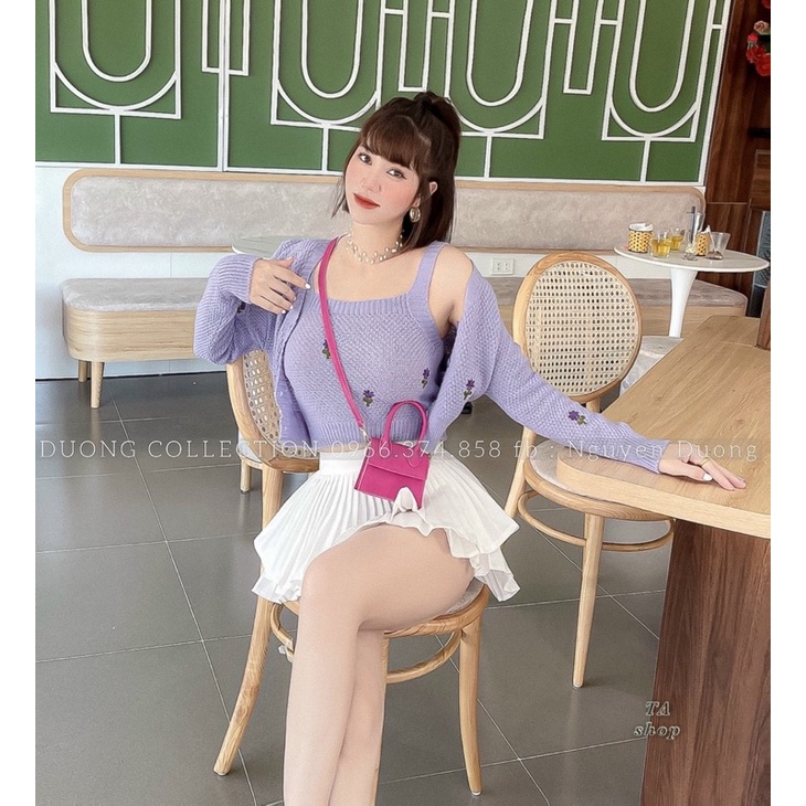 Set áo len cặp hai chi tiết ( áo len cadigan mix áo hai dây ) len đan sợi dày dặn