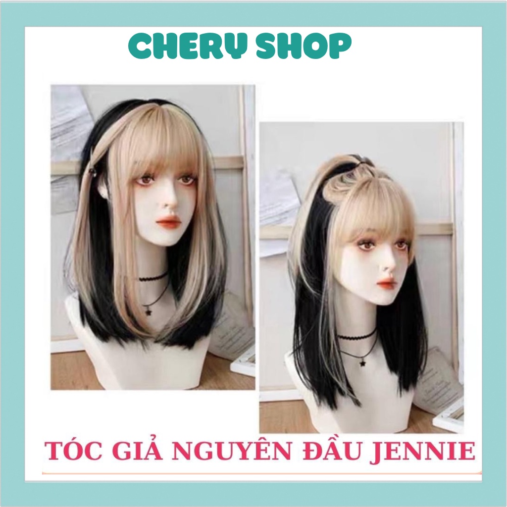 Tóc giả nguyên đầu cúp 35cm phối mái vàng Jennie tặng kèm lưới trùm tóc