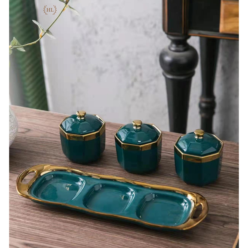 3 Hũ đựng gia vị chất liệu sứ kèm khay | HŨ ĐỰNG GIA VỊ DECOR PHONG CÁCH VINTAGE