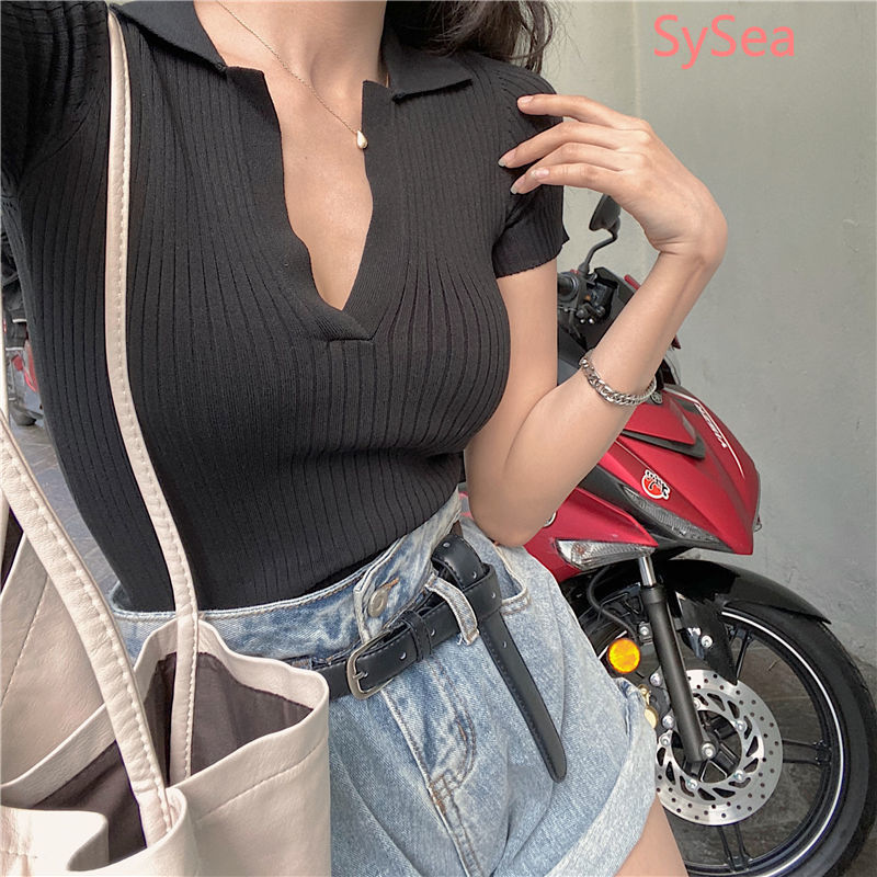 [ Mã 12FASHIONSALE1 giảm 10K đơn 50K ] Áo Dệt Kim Dáng Ôm Tay Ngắn Cổ Chữ V Thời Trang Mùa Hè Gợi Cảm Cho Nữ