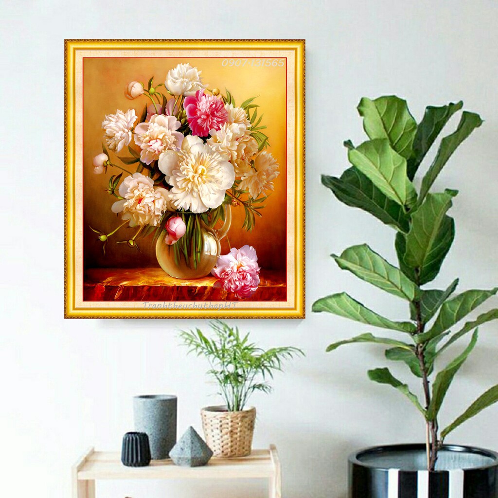 Tranh Đính Đá BÌNH HOA KHOE SẮC (ĐÁ ABC CAO CẤP). Kích Thước: 60cm x 50cm