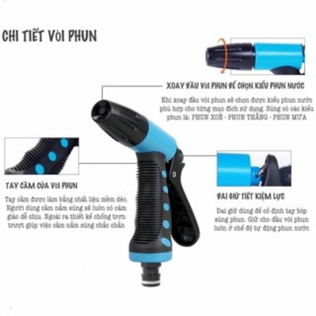 Bộ vòi tưới cây, rửa xe Lionking chiều dài từ 10m đến 30m, vòi nhiều chế độ phun, dây 03 lớp bao gồm rulo cuốn dây